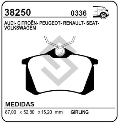 VR PAST. FRENO TRAS. P.306/P.307/P.405/FLUENCE/MEGANE II/BORA/GOLF/SCIROCCO/SHARAN/POLO/SAVEIRO 2 CABINA 15/...