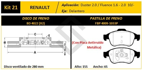 RT DISCO+PAST FRENO DEL. (V) DUSTER 2.0 16V 12/... / FLUENCE 1.6/2.0 16V  11/... / MEGANE III 2.0 16V 11/... - PD1422