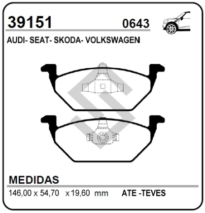 VW PAST. FRENO DEL. UP 14/... AUDI A3 96/03 -  SEAT LEON 1.6/1.8/2.0 V 99/... TOLEDO 01/04 - SKODA OCTAVIA 96/04