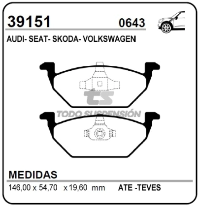 VW PAST. FRENO DEL. UP 14/... AUDI A3 96/03 -  SEAT LEON 1.6/1.8/2.0 V 99/... TOLEDO 01/04 - SKODA OCTAVIA 96/04