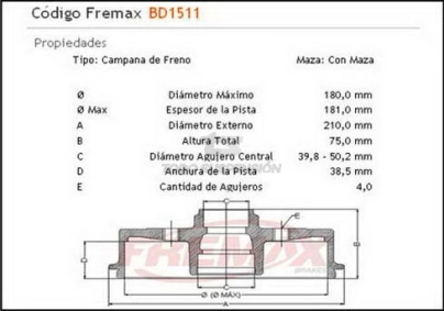 VR CAMP. FRENO TRAS. GACEL / GOL / PASSAT / AUDI 80 / COUPE - SEAT AROSTA / IBIZA - CON MAZA