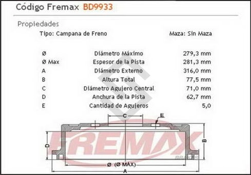 CH CAMP. FRENO TRAS. BLAZER / S-10 2.2 / 2.4 - 97/... - DIAM. 281.30 MM