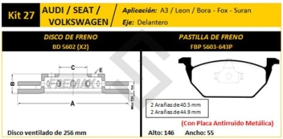 VR DISCO+PAST. FRENO DEL. (V) AUDI A3 / SEAT LEON / TOLEDO / BORA / FOX / GOLF / SURAN - PD58